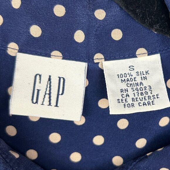 Gap 100% Silk Button Down Top Blouse Navy Blue White Polka Dot Print Women's S - Picture 7 of 8